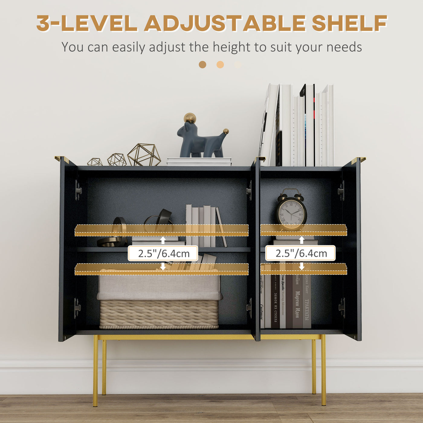 Modern Storage Cabinet Sideboard Buffet Cabinet with Gold Legs for Living Room Dining Room Hallway Black