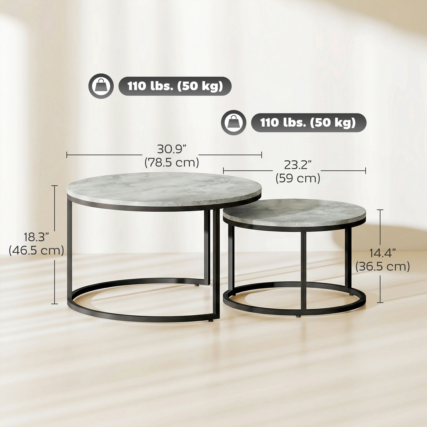 Modern Coffee Table Set of 2, Nesting Side Tables w/ Metal Base for Living Room Bedroom Office Marble Grey