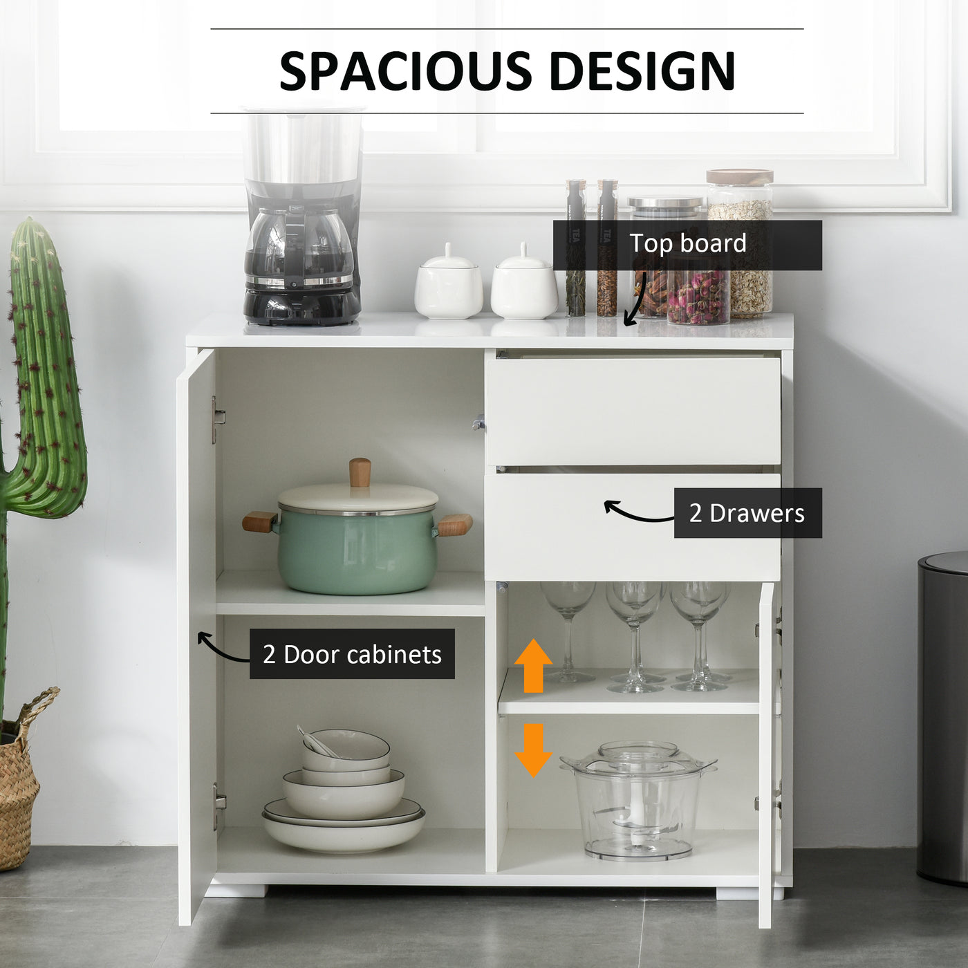 High Gloss Buffet Sideboard with 2 Drawers, 2 Doors and Adjustable Shelf, Kitchen Storage Cabinet with Push Open Design, White