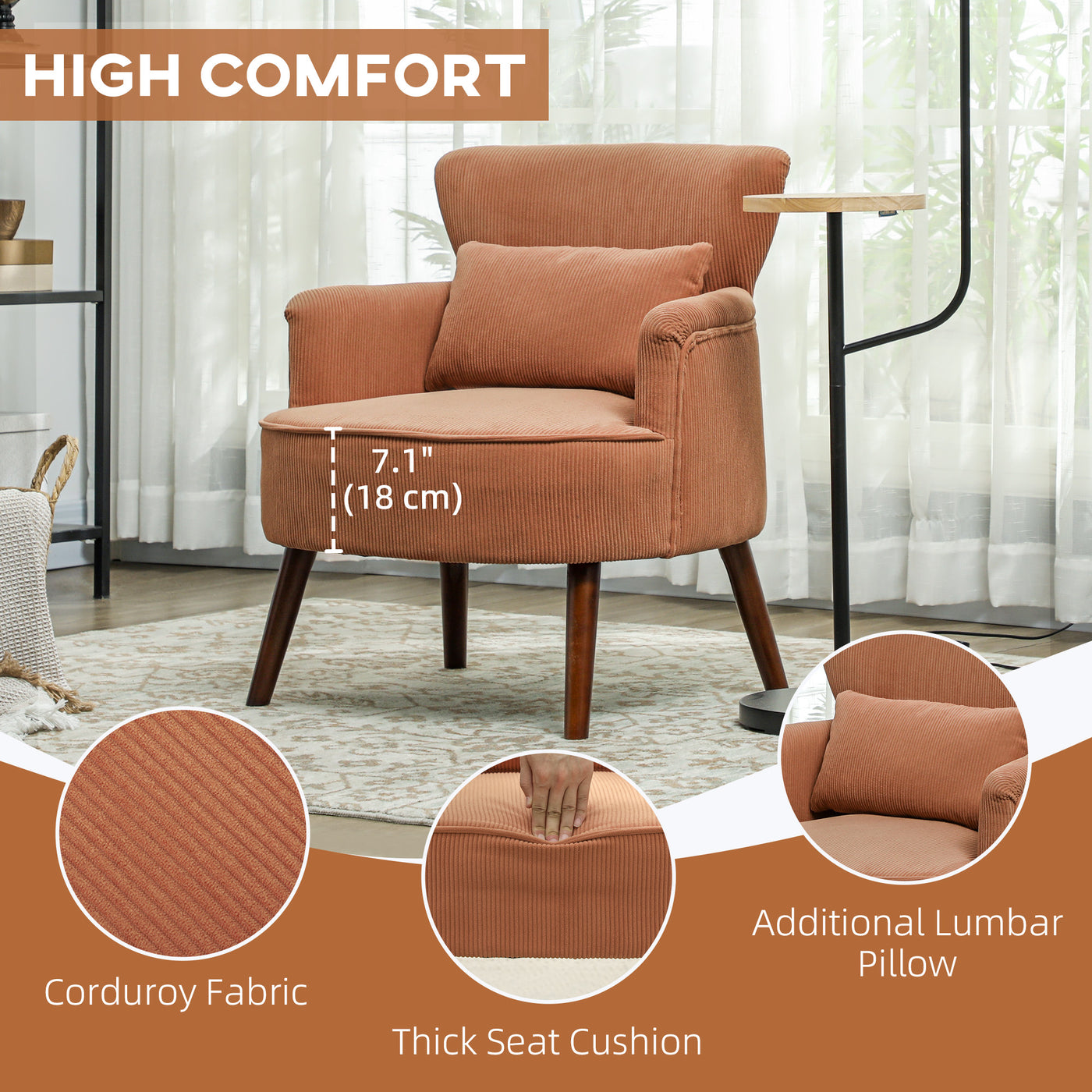 Modern Accent Chair, Upholstered Armchair with Solid Wood Legs and Lumbar Pillow for Living Room, Orange