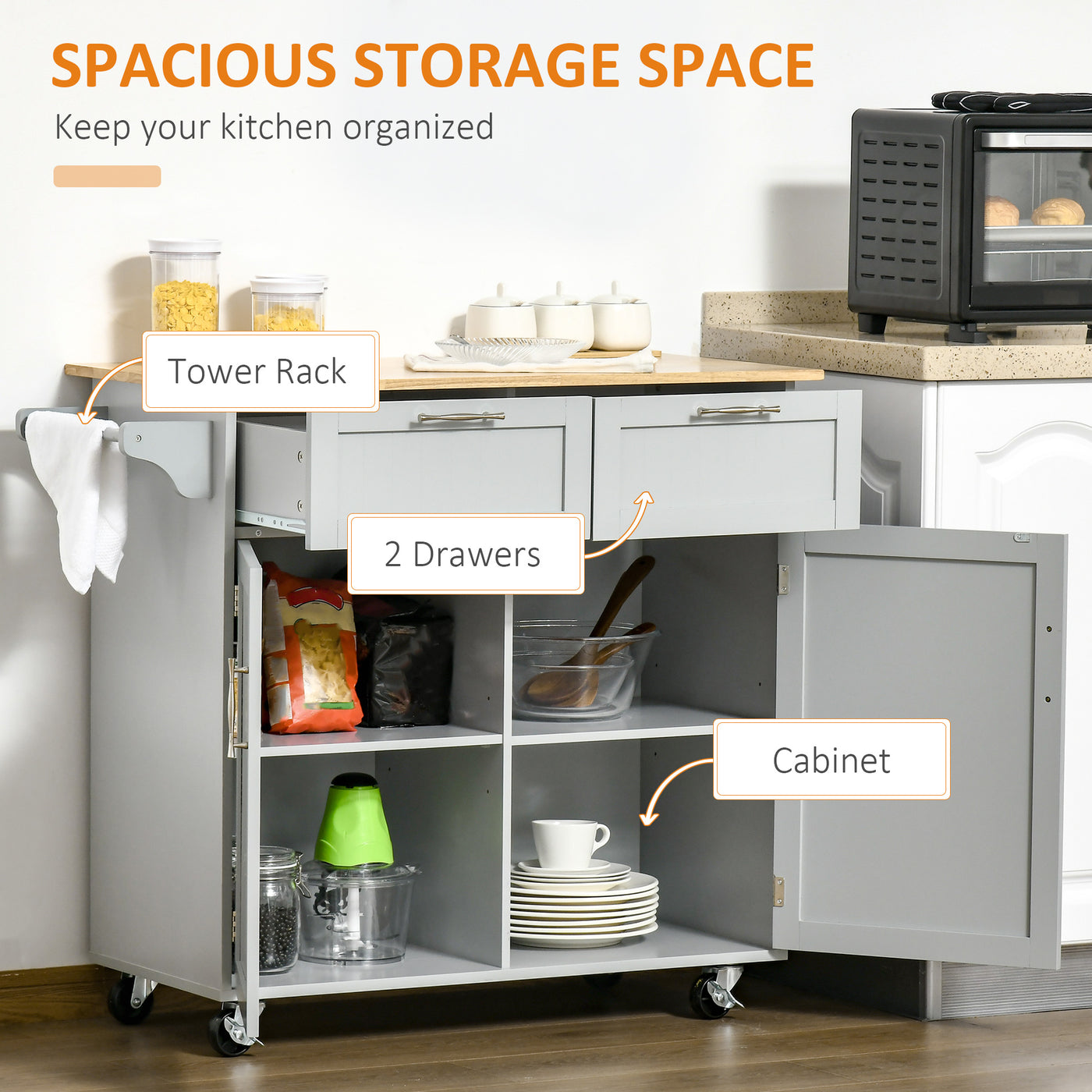 41" Kitchen Island with Storage and Solid Wood Top, Rolling Kitchen Cart on Wheels with 2 Storage Drawers, 2 Doors and Towel Rack for Dining Room, Grey