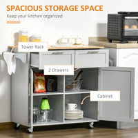 41" Kitchen Island with Storage and Solid Wood Top, Rolling Kitchen Cart on Wheels with 2 Storage Drawers, 2 Doors and Towel Rack for Dining Room, Grey