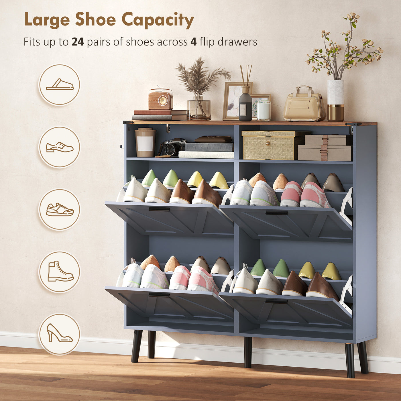 Shoe Storage Cabinet with 4 Flip Drawers, Farmhouse Narrow Shoe Cabinet, Holds Up to 24 Pairs, Blue