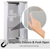 Wall Mount Medicine Cabinet Bathroom Cabinet with 2 Shelves, Stainless Steel Frame and Glass Door, Lockable with 2 Keys