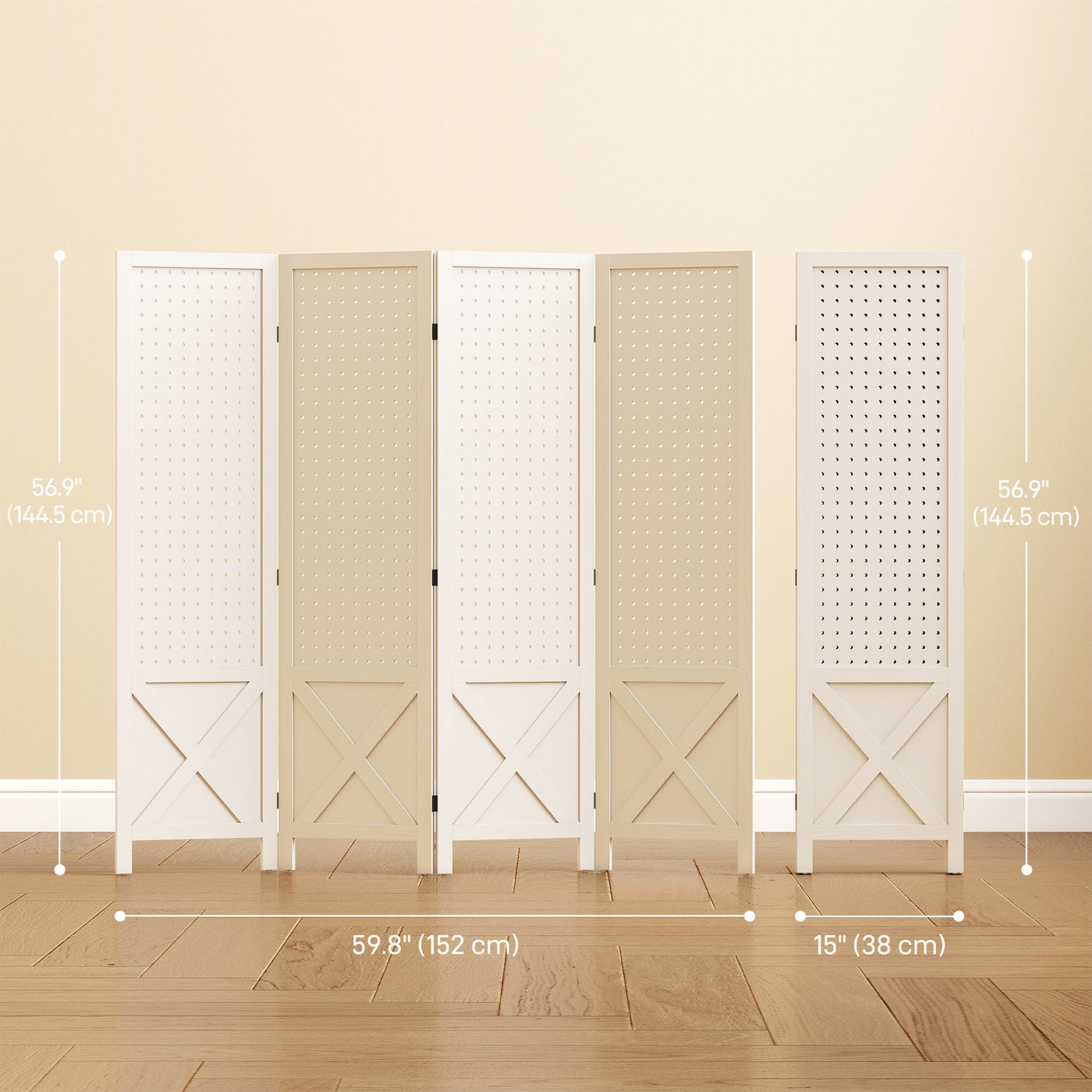 56.9" 4 Panel Wooden Room Divider with Pegboard Display, Folding Privacy Screen for Home Office, White