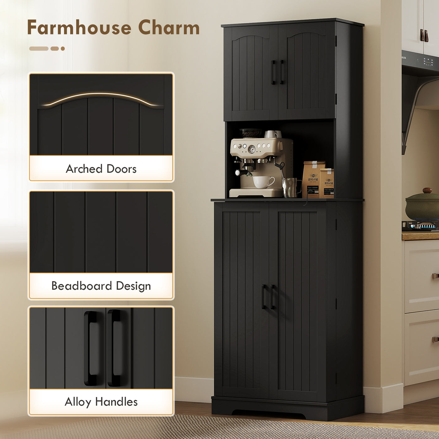 71.5" Tall Pantry Cabinet, Farmhouse Kitchen Storage Cabinet with Adjustable Shelves, 8 Door Spice Racks, Black