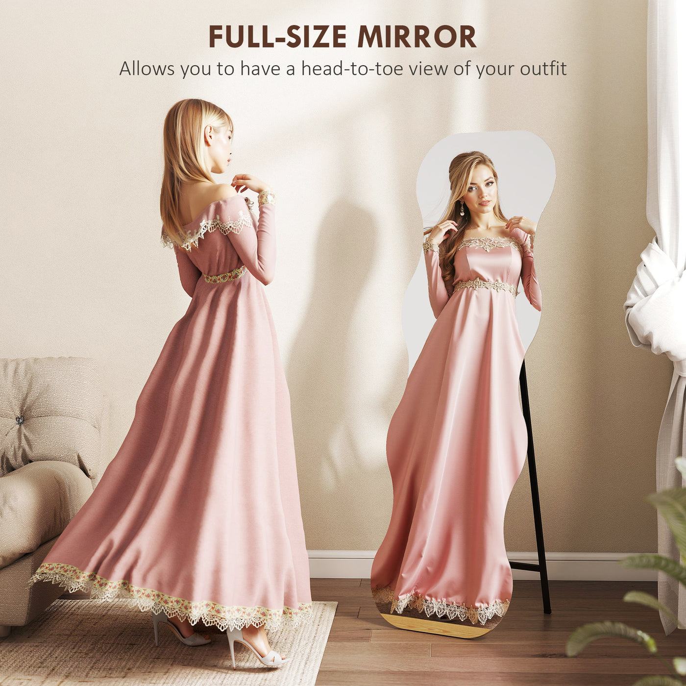 64" x 21" Full Length Mirror, Irregular Wavy Frameless Full Body Mirror with Pine Wood Base for Bedroom, Black
