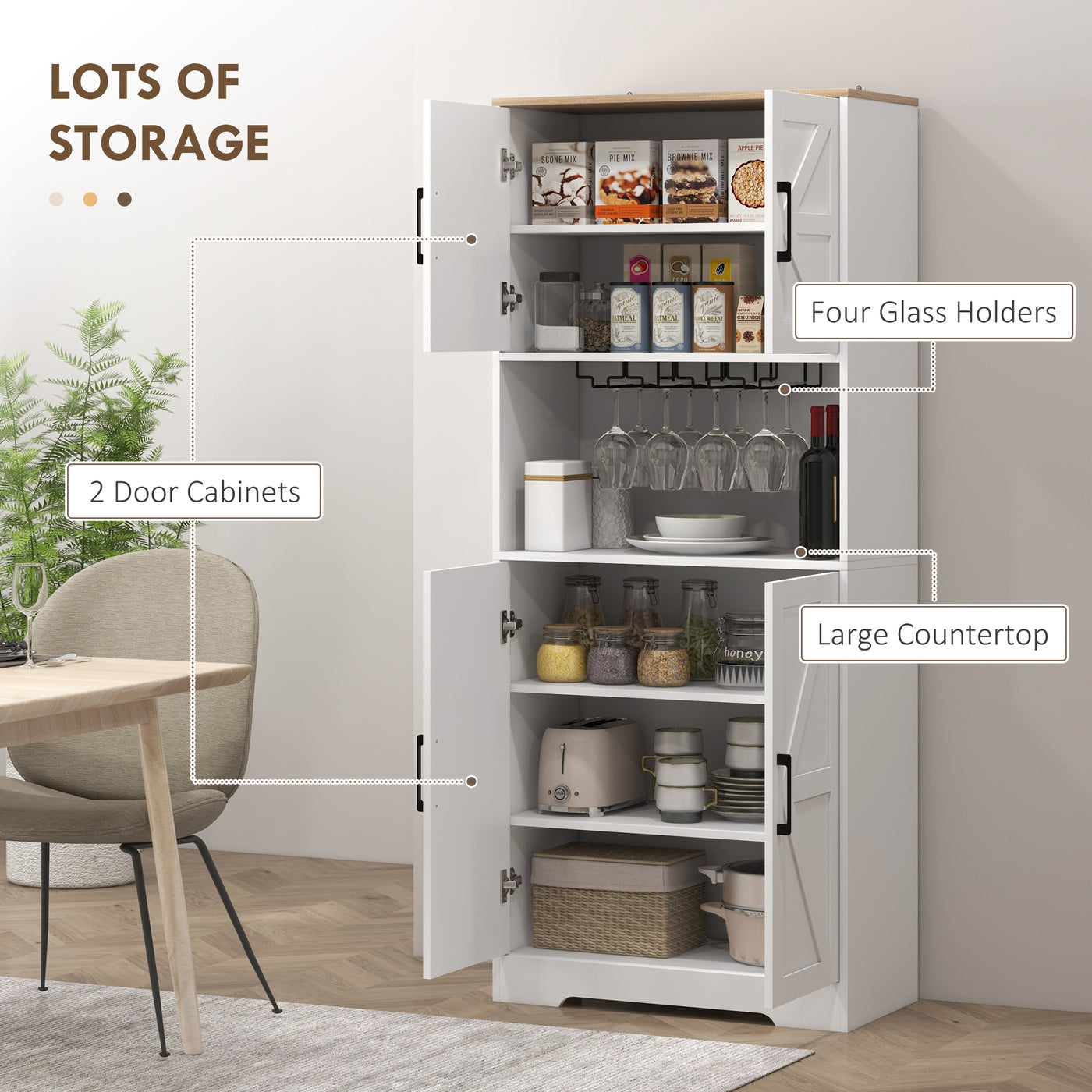 Farmhouse Kitchen Pantry, 68" Freestanding Hutch Storage Cabinet with Microwave Oven Countertop, White