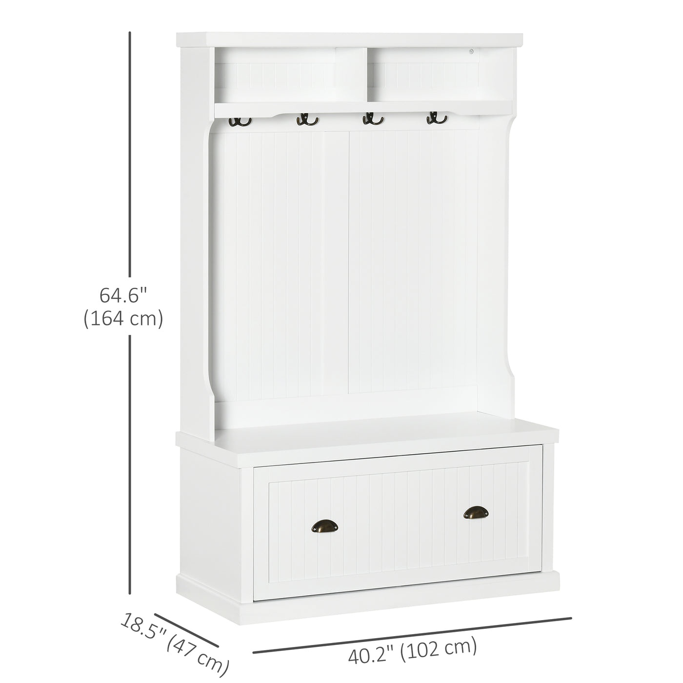 64.5" H Hall Tree with Storage Drawer & Top Shelf, Coat Rack Wooden Entryway Storage Bench Hall Tree Hallway Clothes Bag Coat Rack 4 Hooks, White