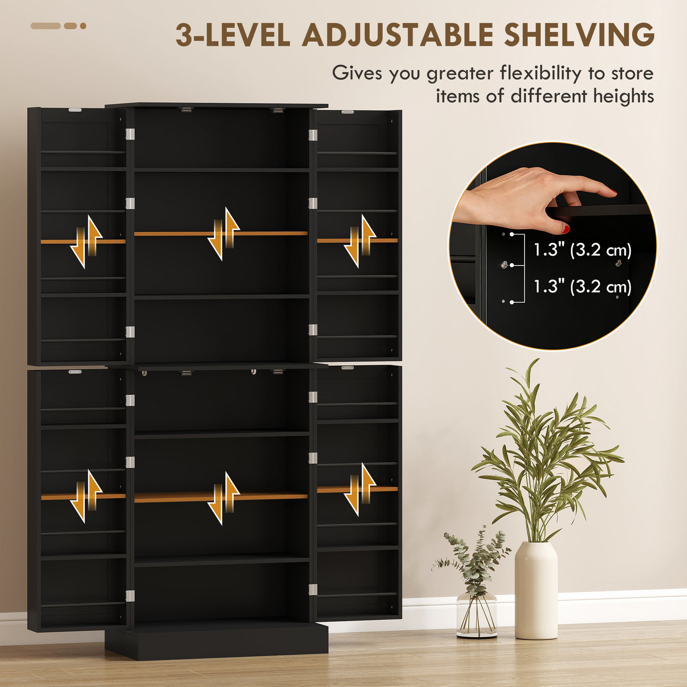 65" Kitchen Cabinet, Kitchen Pantry Cabinet with 4 Doors and 16 Door Shelves for Dining Room, Black