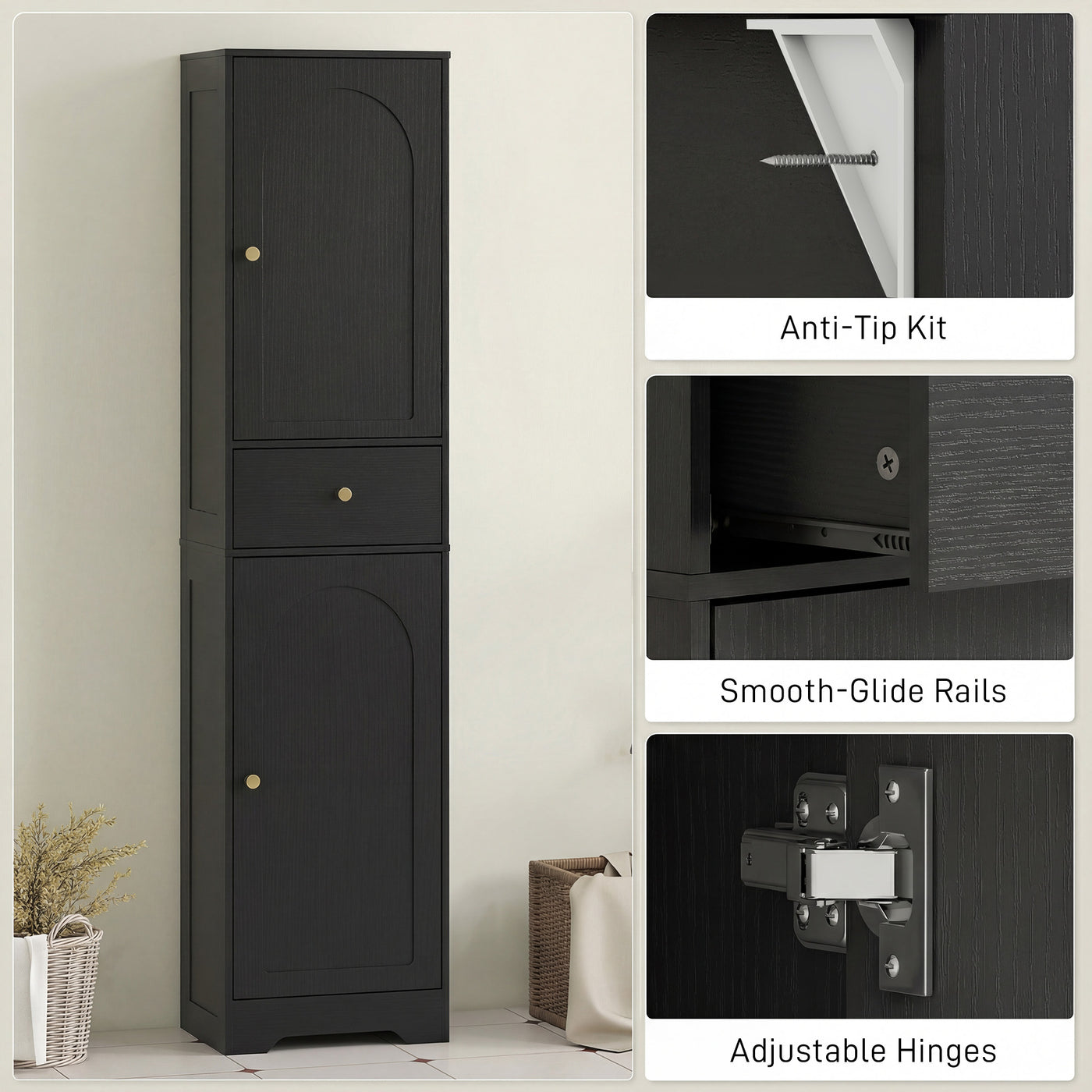 67" Tall Bathroom Cabinet, Slim Bathroom Storage Cabinet with 2 Doors, Drawer and Adjustable Shelf, Black Wood Grain