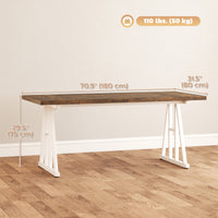 Farmhouse Kitchen Table for 8, Rectangular Dining Table with Thick Tabletop and Steel Trestle Legs, Brown and White