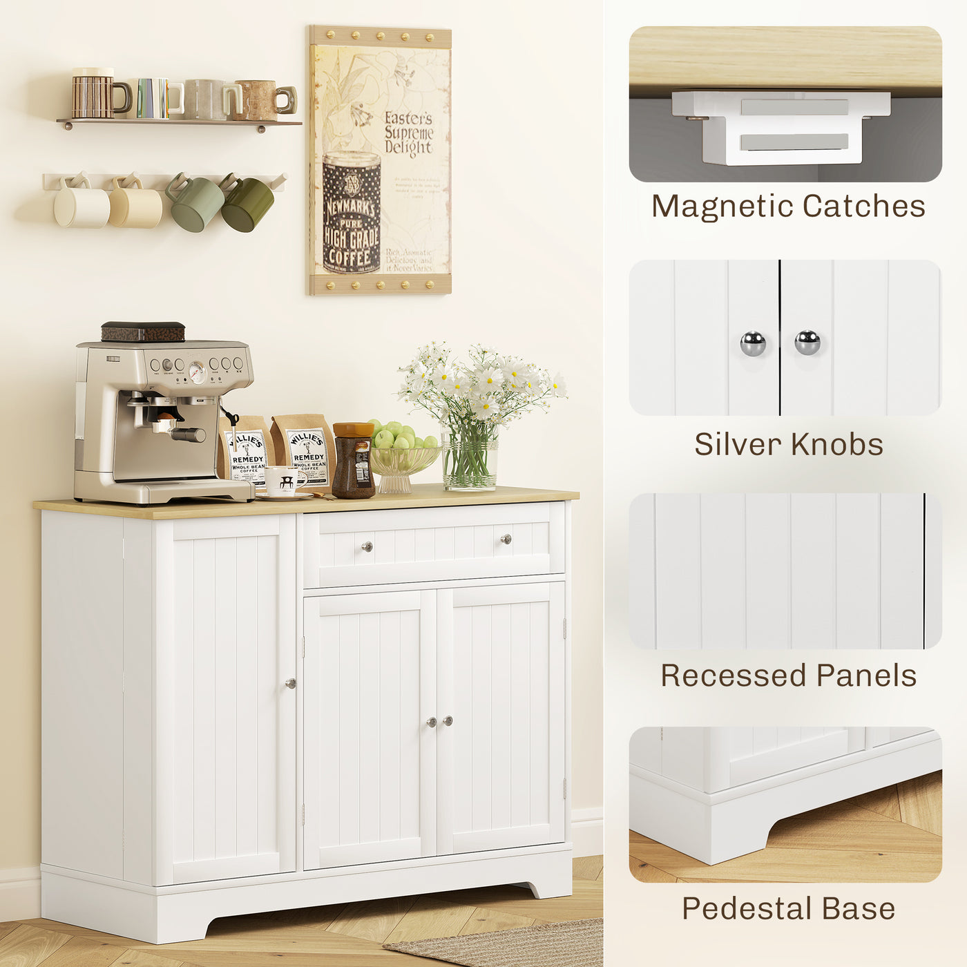 Modern Sideboard Cabinet, 41" Kitchen Buffet Cabinet with Drawer, Adjustable Shelf, 3 Doors for Dining Room, White