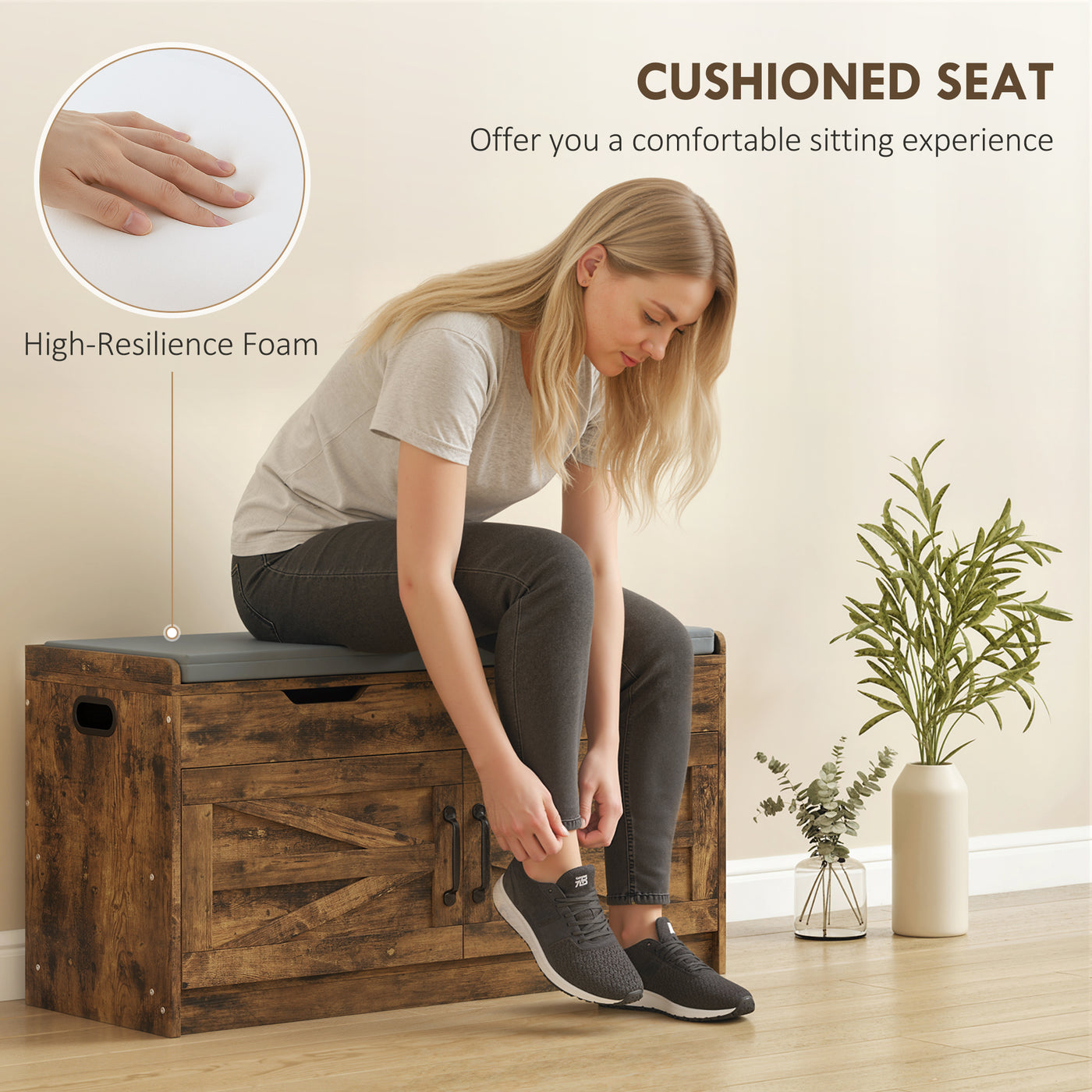 Shoe Storage Bench, Entryway Bench with 2-Tier Cabinet, Flip-Top Storage, Padded Cushion for Hallway, Rustic Brown