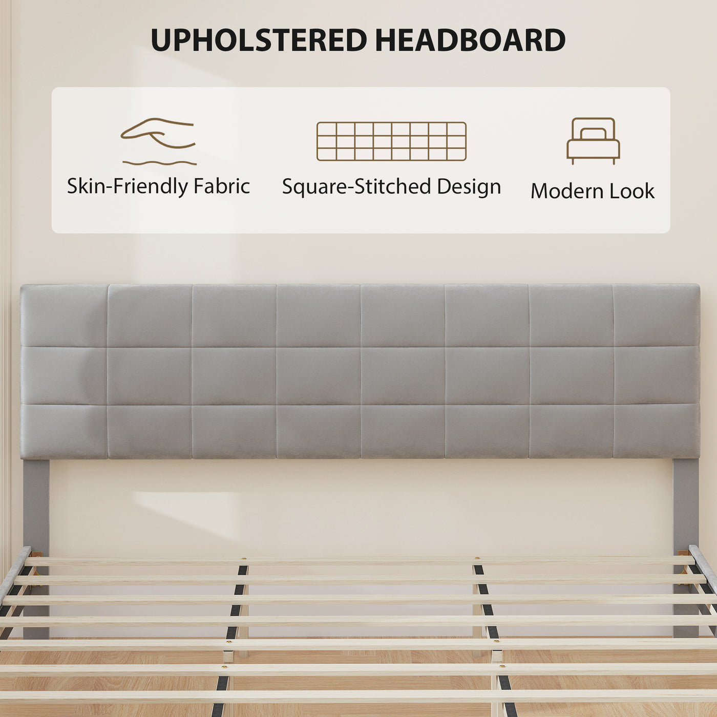 King Size Bed Frame with Upholstered Headboard, Modern Platform Bed Frame with Wood Slats, 1100 lbs Capacity, Grey