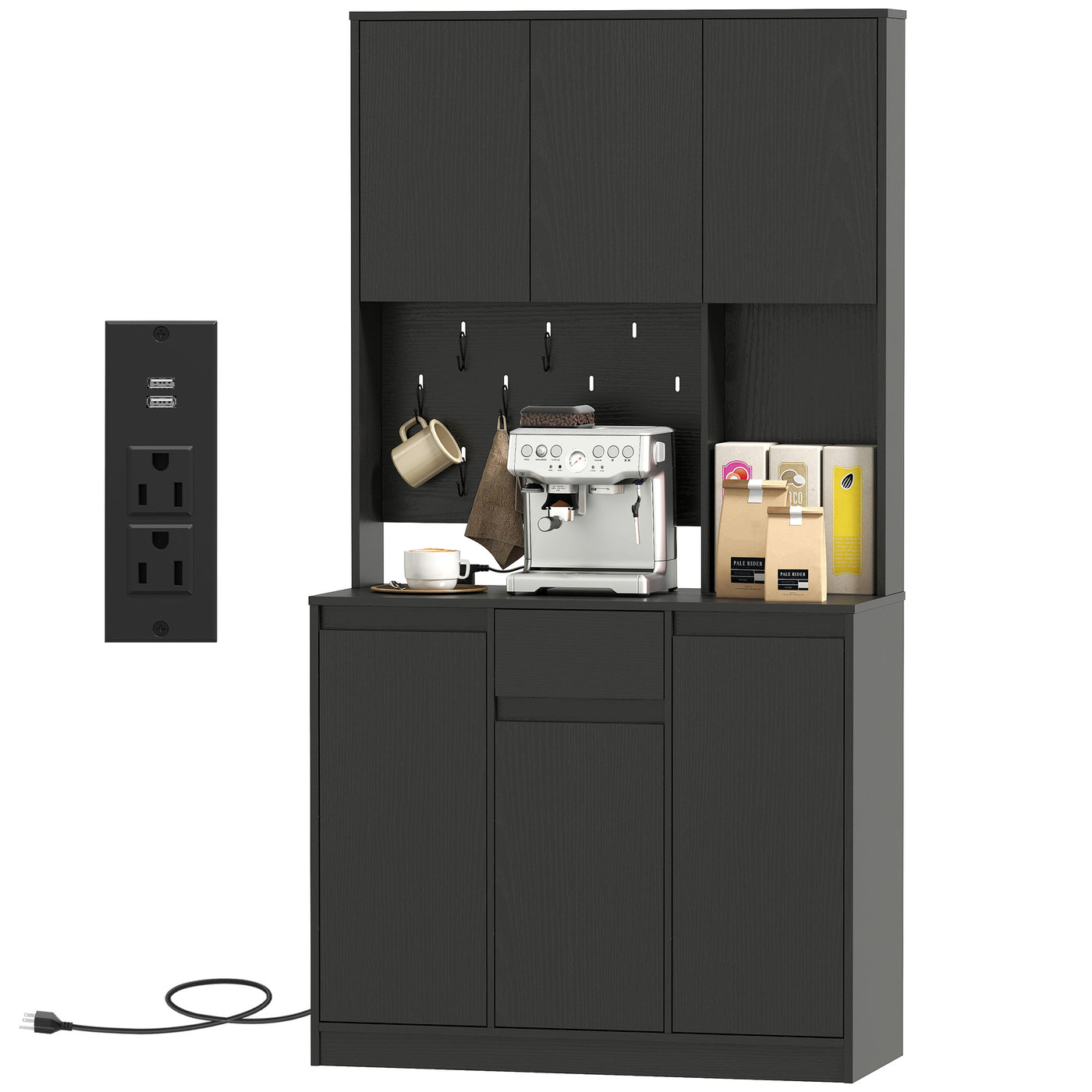 71" Pantry Cabinet with Charging Station, Kitchen Storage Cabinet with Microwave Stand, Pegboard, 6 S-hooks, Black