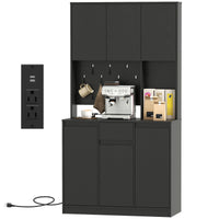 71" Pantry Cabinet with Charging Station, Kitchen Storage Cabinet with Microwave Stand, Pegboard, 6 S-hooks, Black