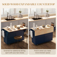 Kitchen Island with Storage, Rolling Kitchen Island with Drop Leaf, Rubber Wood Top and Adjustable Shelves, Navy Blue