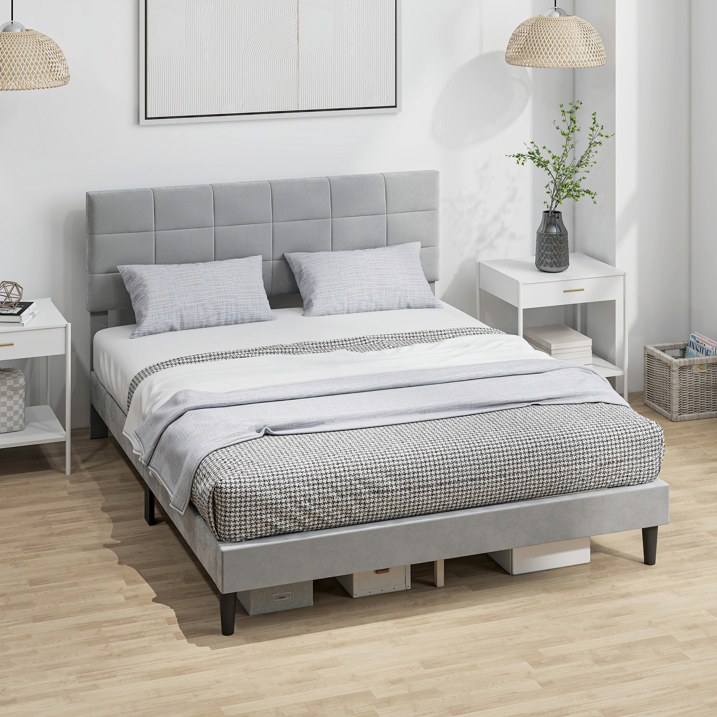 Queen Size Bed Frame with Upholstered Headboard, Modern Platform Bed Frame with Wood Slats, 1100 lbs Capacity, Grey