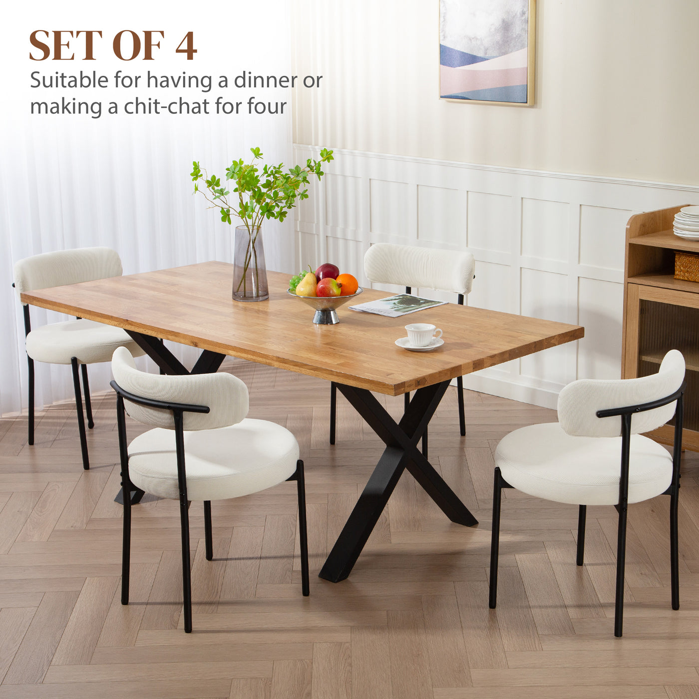 4 Pieces Kitchen Chairs, Modern Dining Chairs with Corduroy Upholstery and Steel Legs for Living Room, Beige