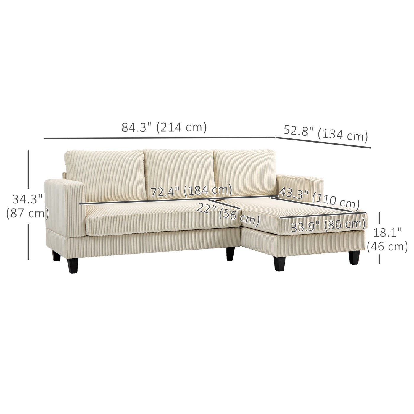 L Shaped Couch, L Shape Sofa with Chaise Lounge and Spring Cushion for Living Room, Bedroom, Beige