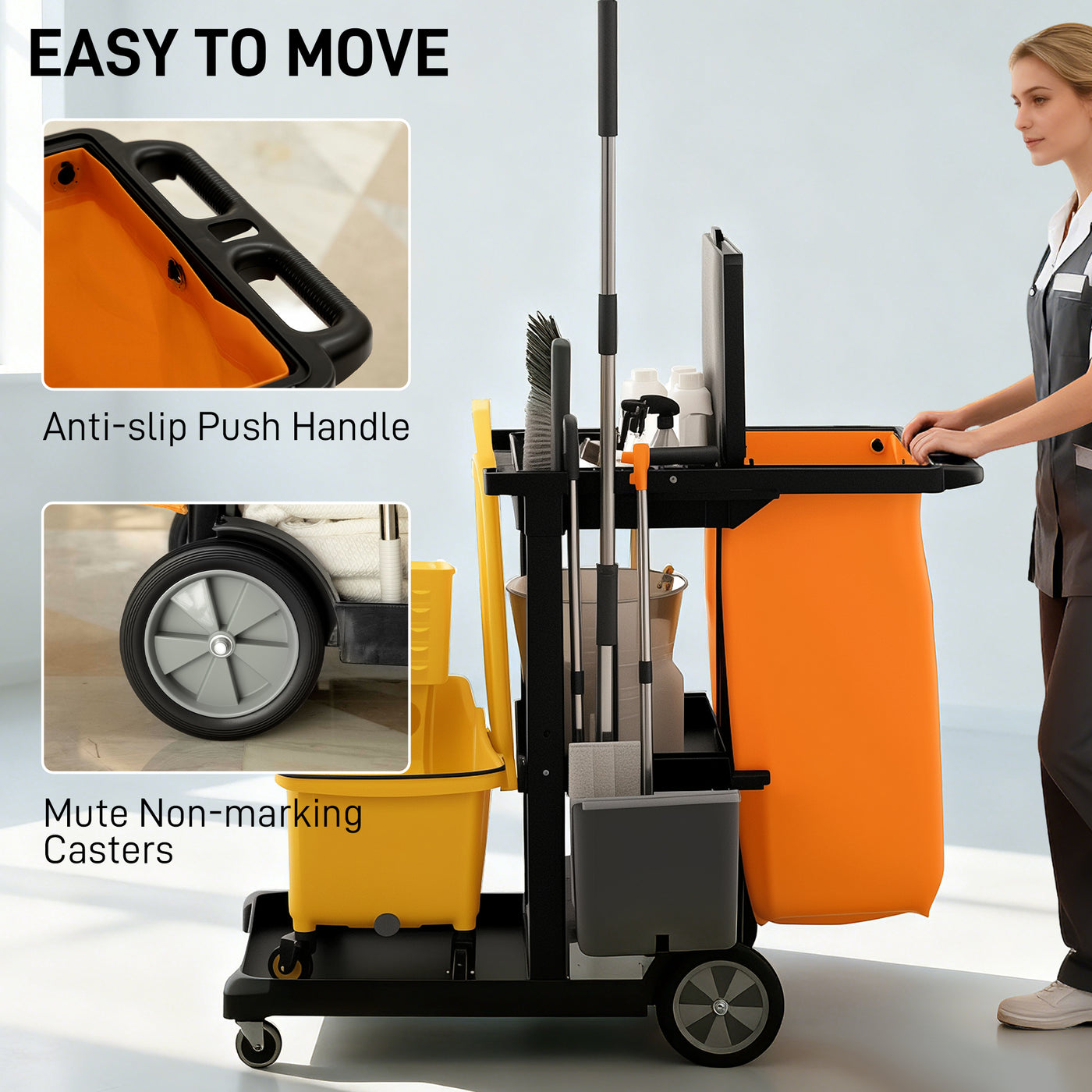 Commercial Janitorial Cart with 3 Tier Shelves, Cleaning Cart with Rubbish Bag and Mop Mount for Hotel Restaurant, Black