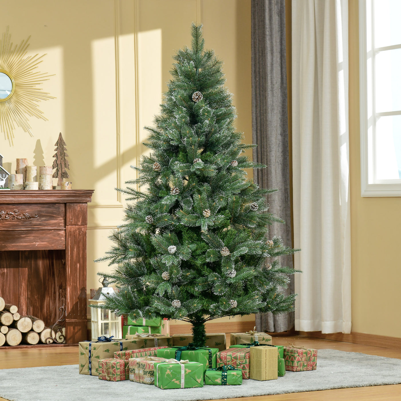 HOMCM 6FT Artificial Christmas Snow Pine Tree Holiday Home Xmas Decoration with Automatic Open, Pinecone, Green