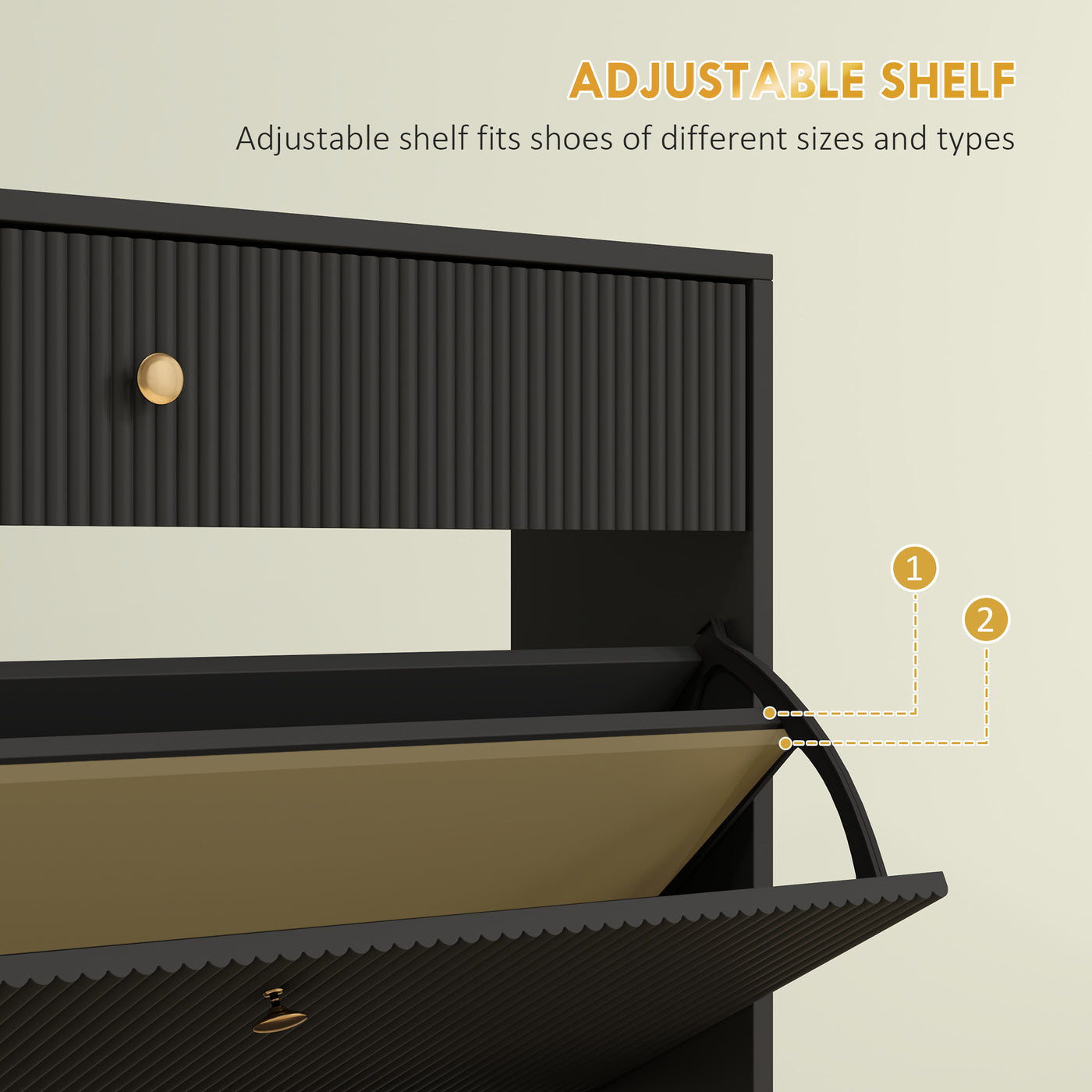 Narrow Shoe Storage Cabinet with Wave-like Panels and Adjustable Shelves for 12 Pairs of Shoes, Black
