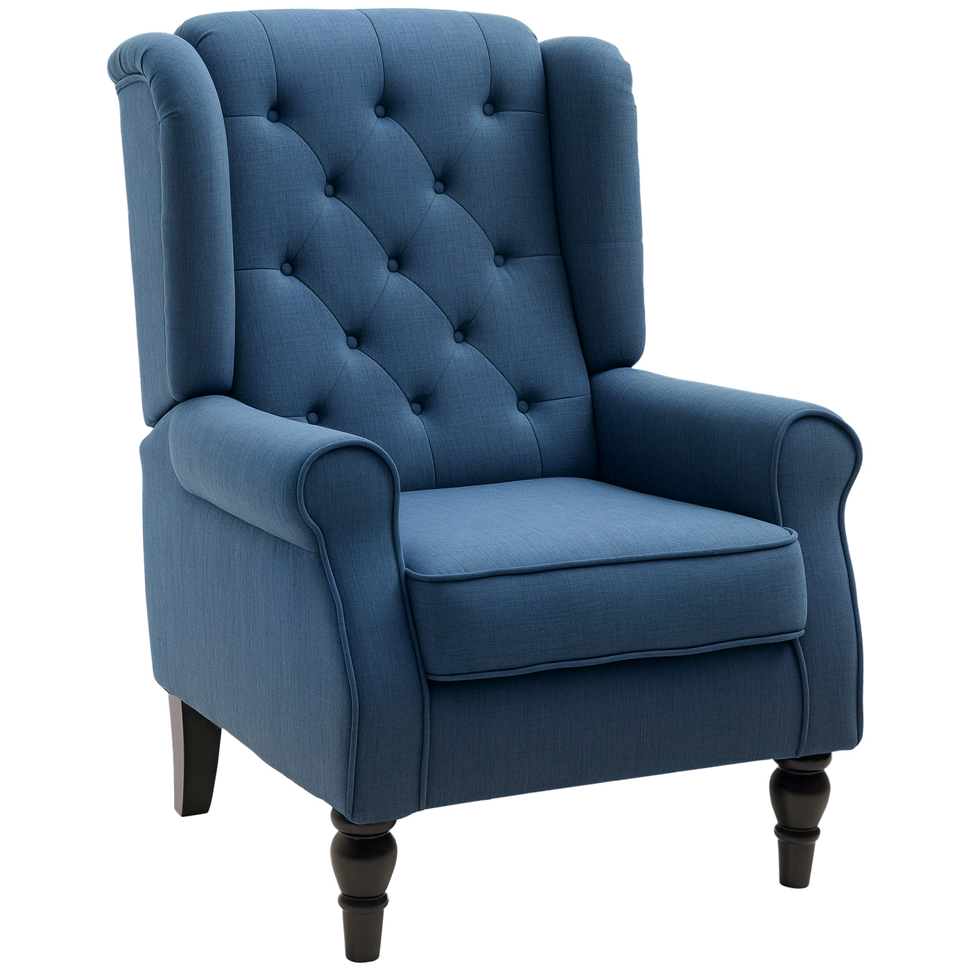 Button Tufted Accent Chair for Living Room - Upholstered Wingback with Wood Legs, Rolled Arms, Thick Padding, Blue