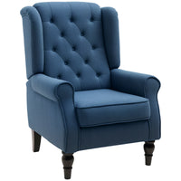 Button Tufted Accent Chair for Living Room - Upholstered Wingback with Wood Legs, Rolled Arms, Thick Padding, Blue