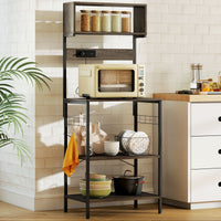Baker's Rack with Charing Station, Microwave Shelf with Power Outlet, USB Charger and 5 Hooks, Distressed Grey