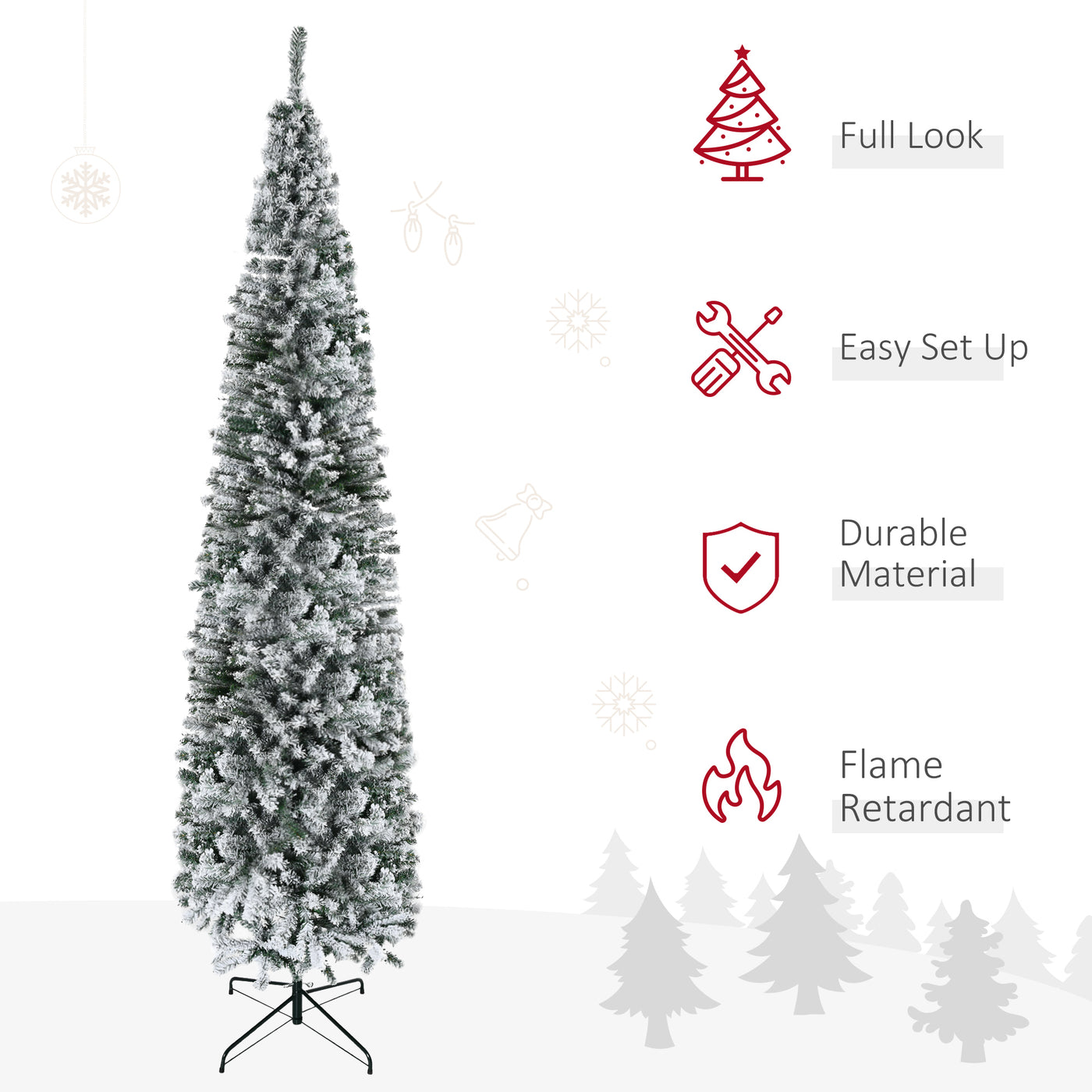 9ft Flocked Christmas Tree, Pencil Christmas Tree with Realistic Branch Tips, Folding Metal Stand, Green
