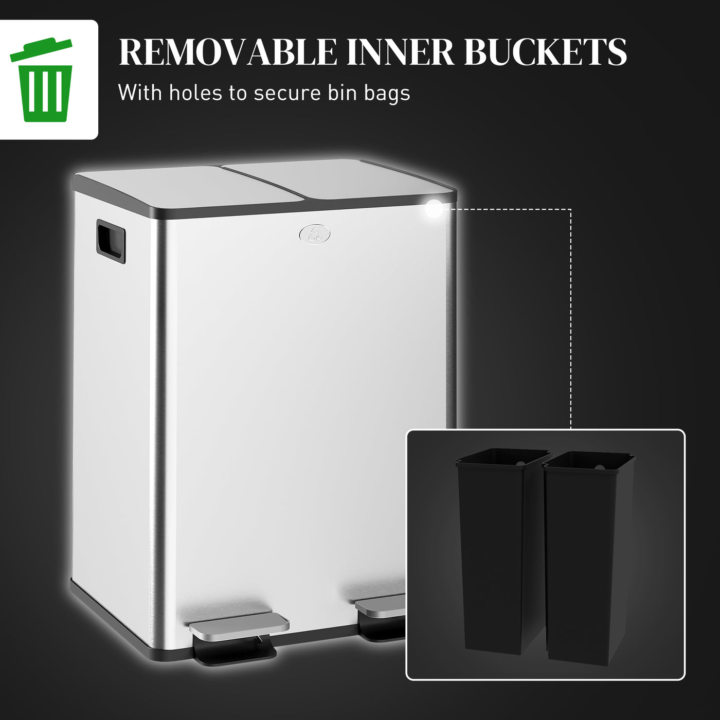 Garbage Bin, Soft-Close Trash Can with Foot Pedal, 2x5 Gallon (2x20 L) Garbage Can with Removable Inner Buckets, Silver