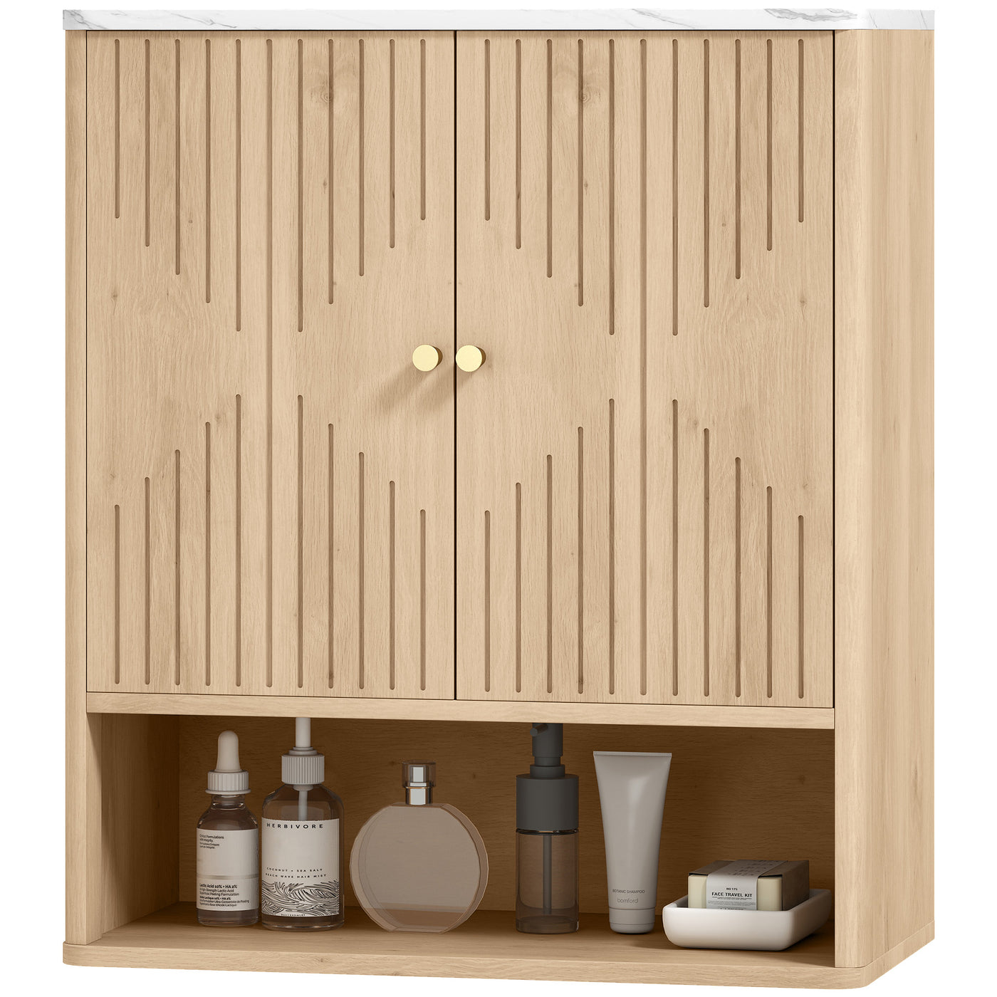 Bathroom Wall Cabinet, Wall-Mounted Medicine Cabinet with Adjustable Shelf, Open Shelf and Marble Effect Top, Oak