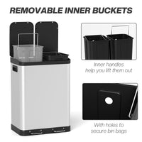 Kitchen Garbage Bin, 2 x 7.9 Gal (2 x 30 L) Trash Can, Soft-Close Garbage Can with Removable Inner Buckets, Silver