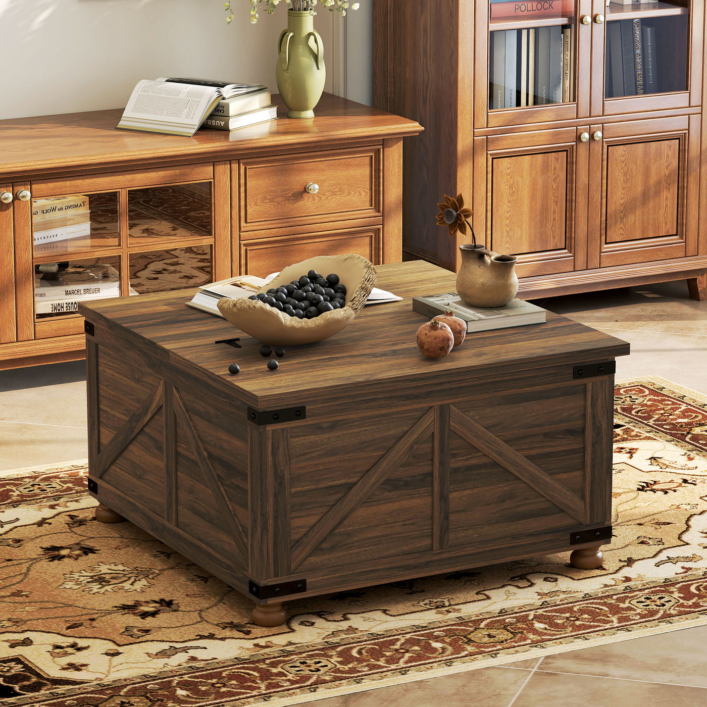 Coffee Table with Lift Top, 32" Farmhouse Center Table with Hidden Compartment for Living Room, Brown Wood Grain
