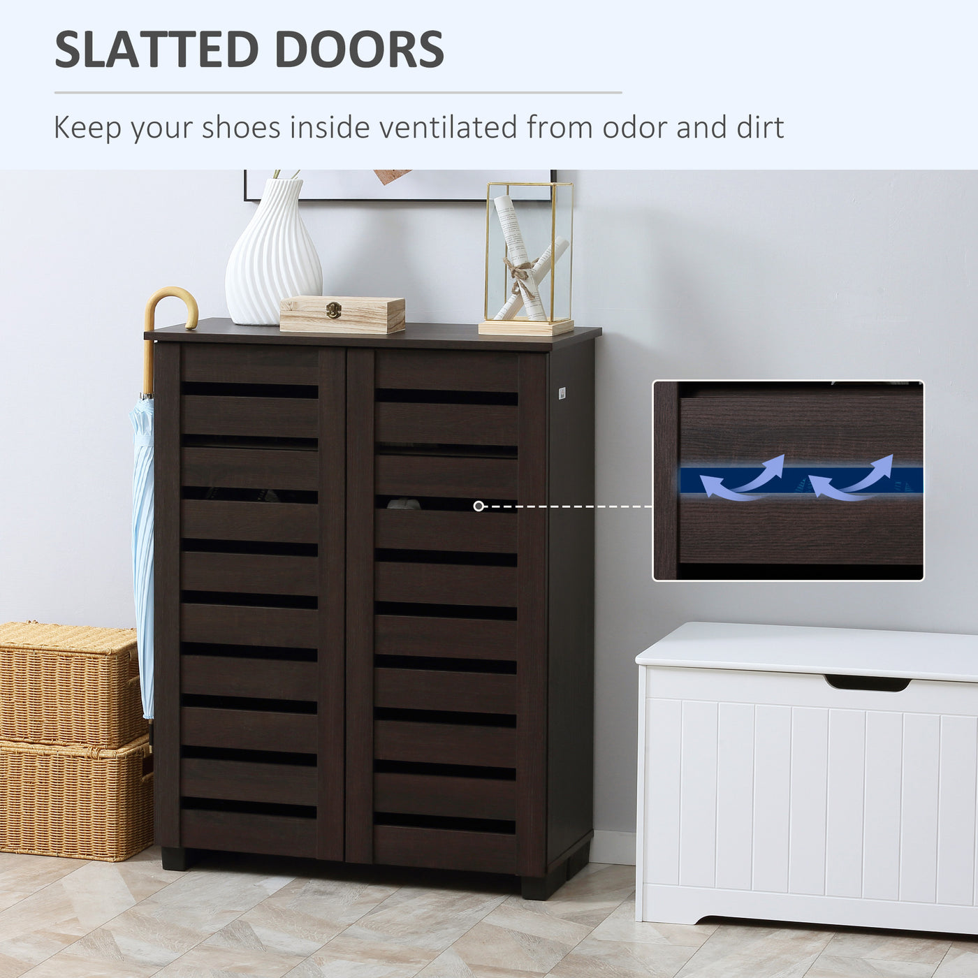 Narrow Shoe Cabinet with 2 Slatted Doors, Modern Shoe Storage Cabinet with Adjustable Shelves for Entryway, Hallway, Living Room, Holds 15 Pairs, Dark Brown