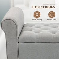 50 Inches Storage Ottoman, Upholstered Bedroom Bench with Rolled Arms and Button Tufted Storage, Light Grey