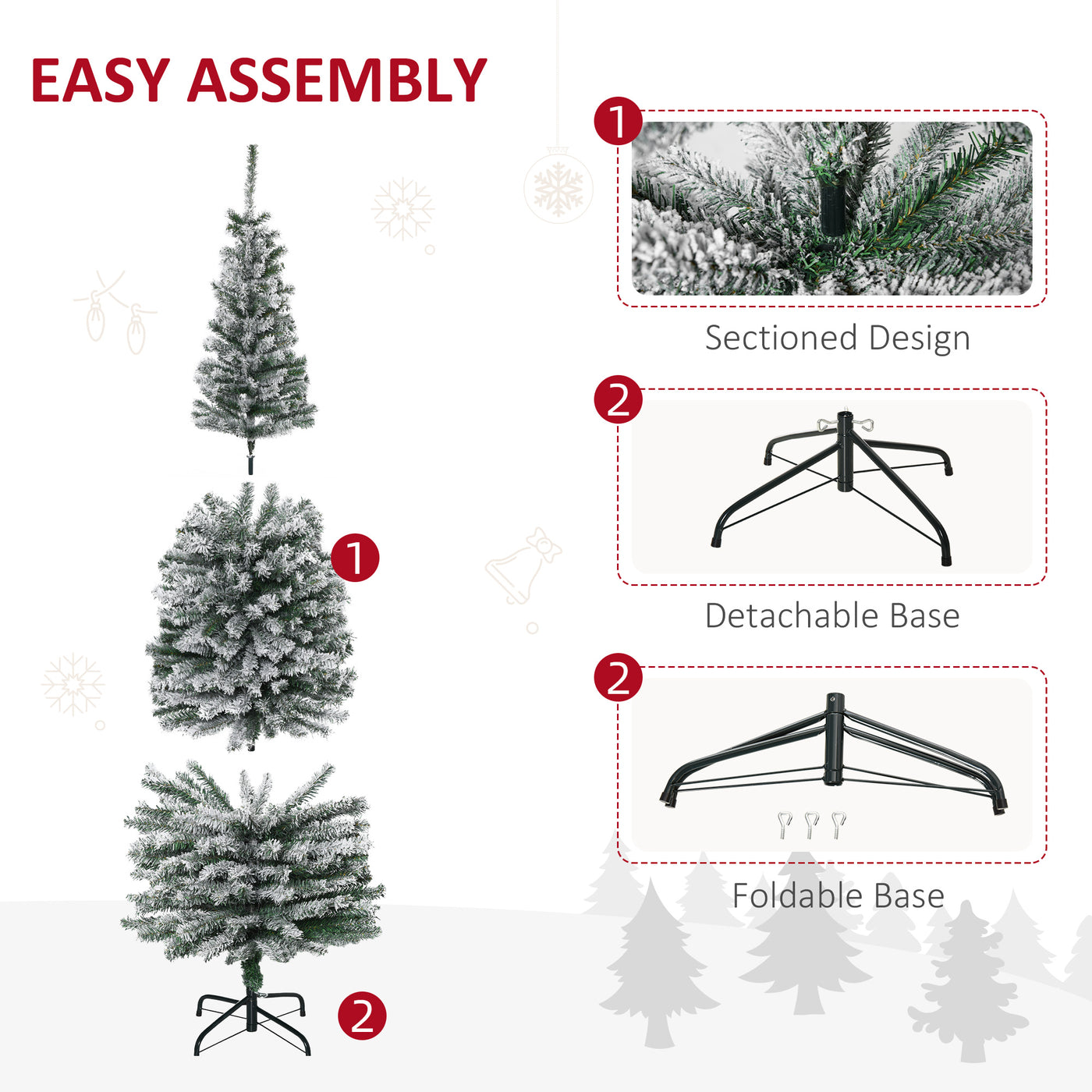 6ft Flocked Christmas Tree, Pencil Christmas Tree with Realistic Branch Tips, Folding Metal Stand, Green
