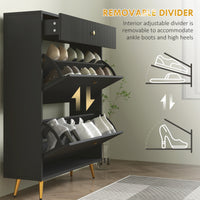 Narrow Shoe Storage Cabinet with Wave-like Panels and Adjustable Shelves for 12 Pairs of Shoes, Black