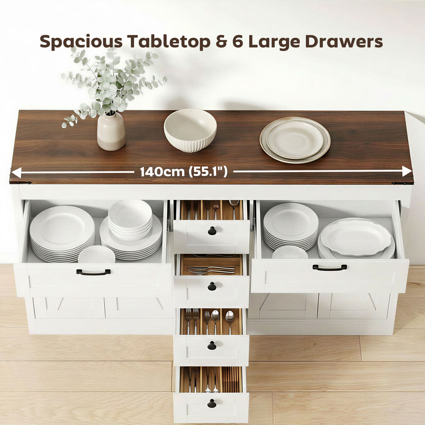 Sideboard Buffet Cabinet, 55" Farmhouse Kitchen Cabinet with 4 Barn Doors, 6 Drawers and 2 Adjustable Shelves, White
