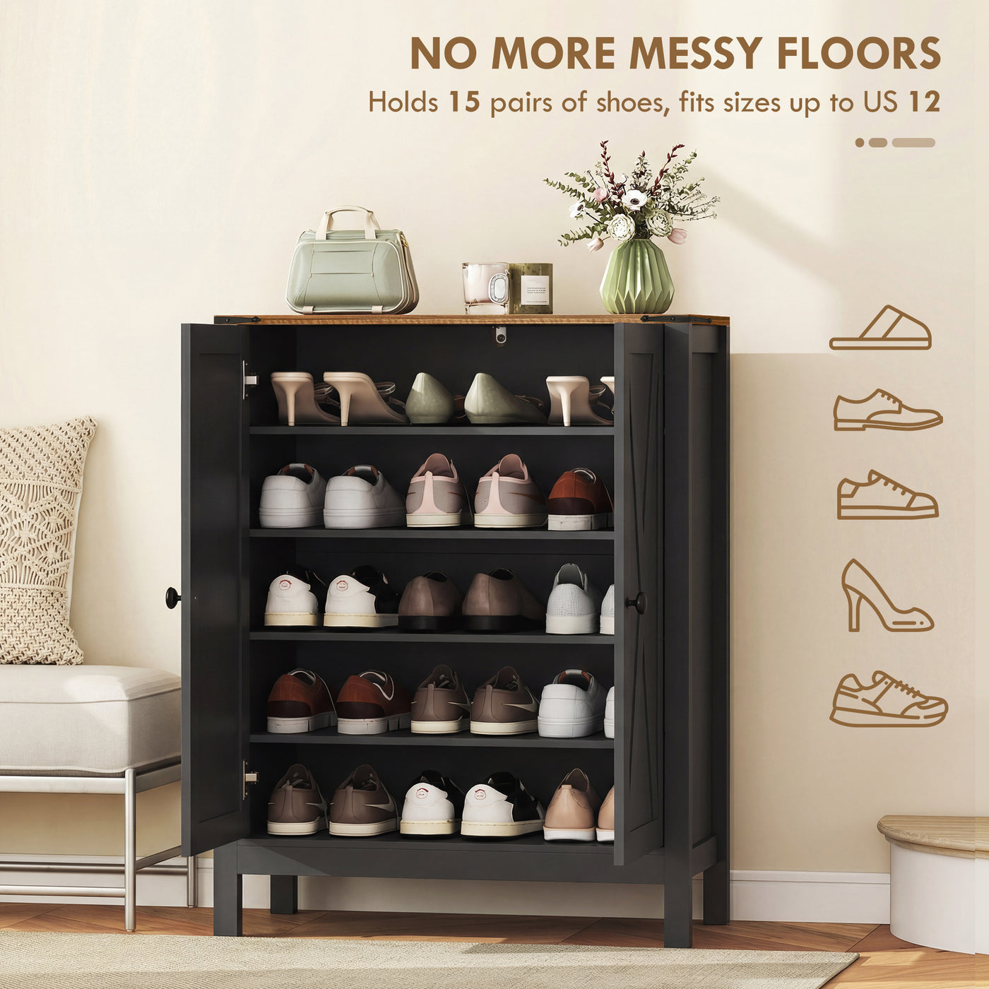 Shoe Cabinet with Barn Doors, Farmhouse Shoe Storage Cabinet with Adjustable Shelves, Holds up to 15 Pairs, Black