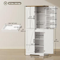 72" Kitchen Pantry Cabinet, Farmhouse Storage Cabinet with 4 Doors, Drawer, 8 Door Shelves and Adjustable Shelf, White