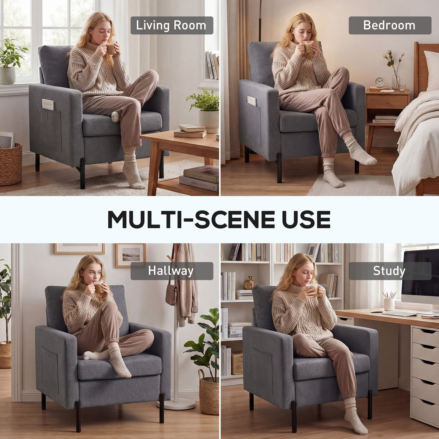 Accent Chair Modern Upholstered Armchair with Side Pockets and Cushion for Bedroom, Living Room, Dark Grey