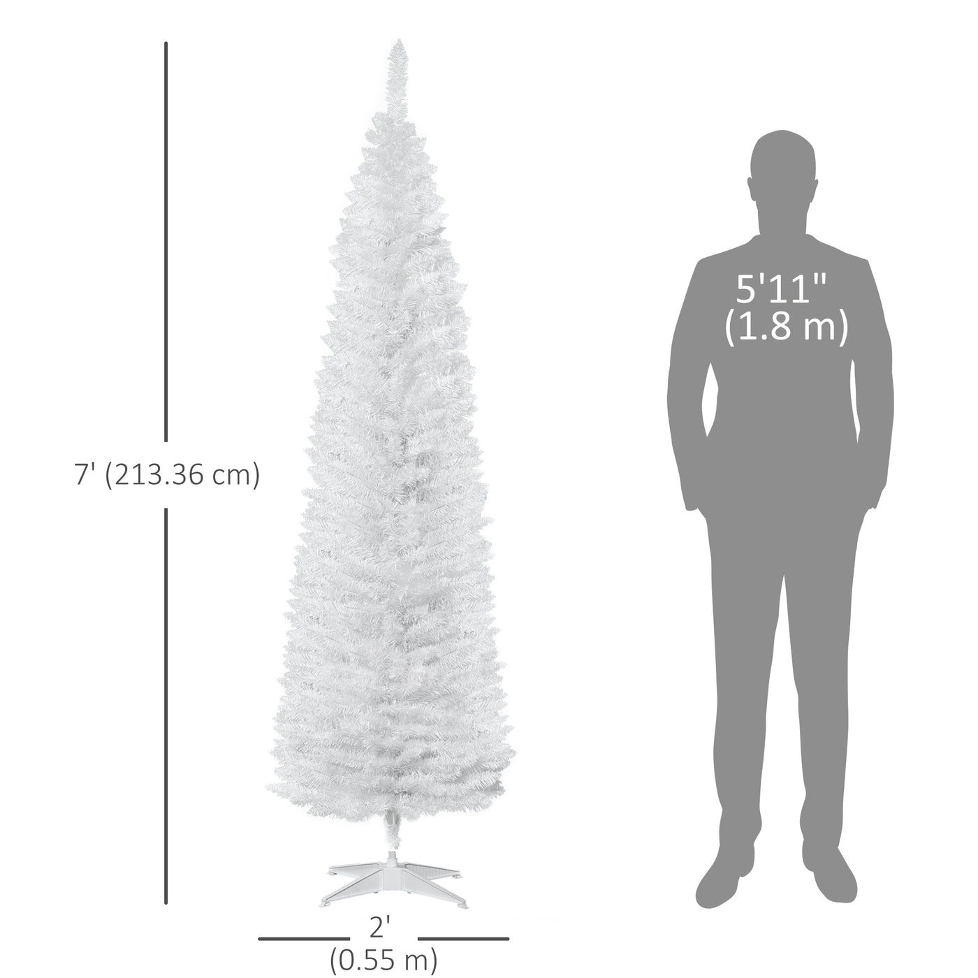 7' Pencil Christmas Tree, Slim Artificial Xmas Tree with Realistic Branches, Sturdy Metal Stand, White