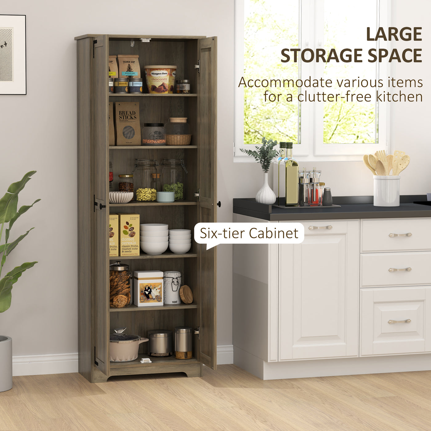 67" Farmhouse Pantry Cabinet with 2 Doors, Tall Storage Cabinet with Adjustable Shelves, Distressed Grey