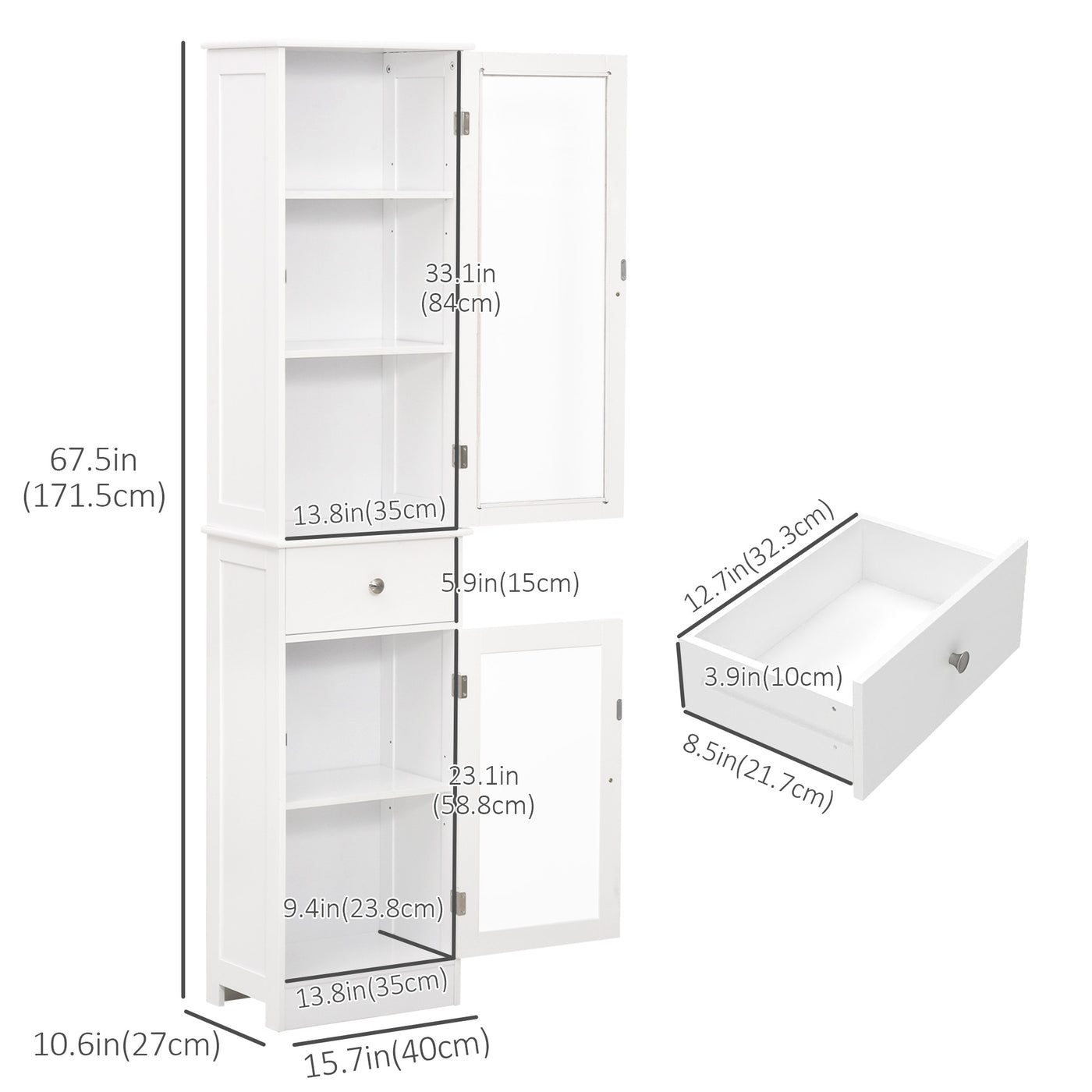 Tall Bathroom Cabinet, Bathroom Storage Cabinet with Drawers, 2 Doors and Adjustable Shelves, White