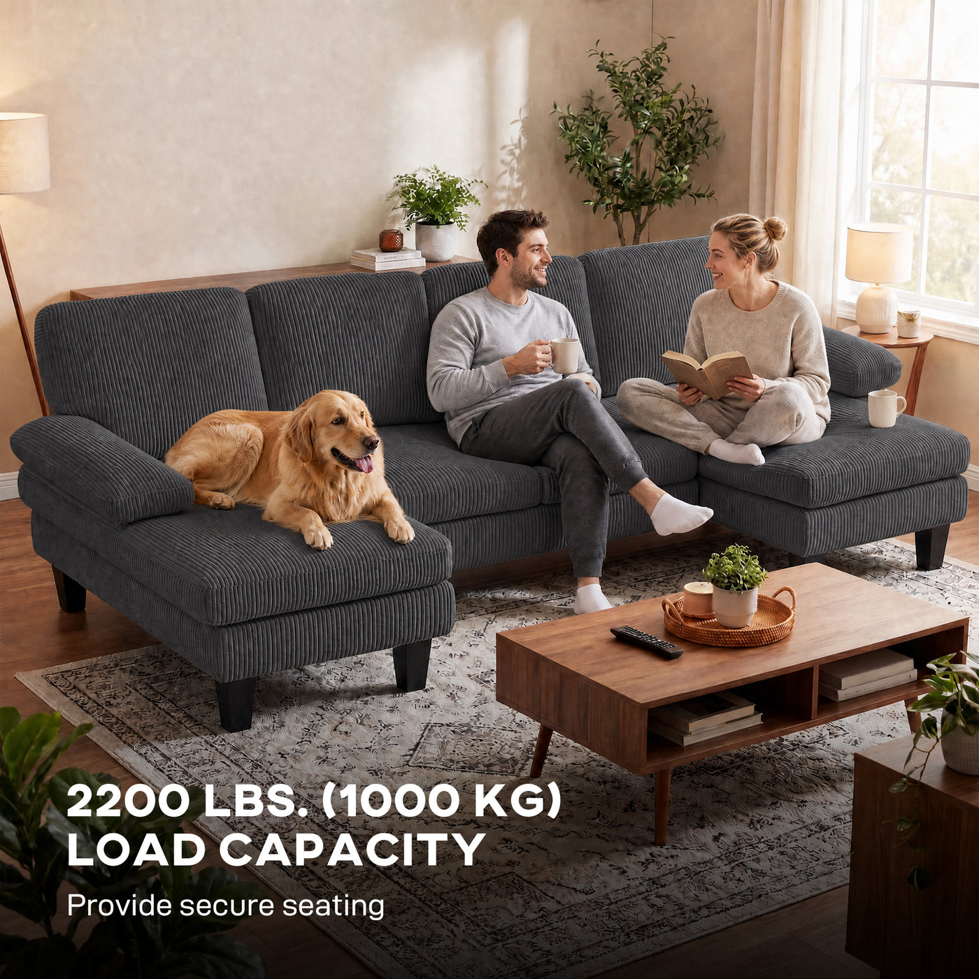Sectional Sofa, U Shaped Couch with Double Chaise, Pillow-top Armrests and Spring Cushions, 2200lb Capacity, Dark Grey