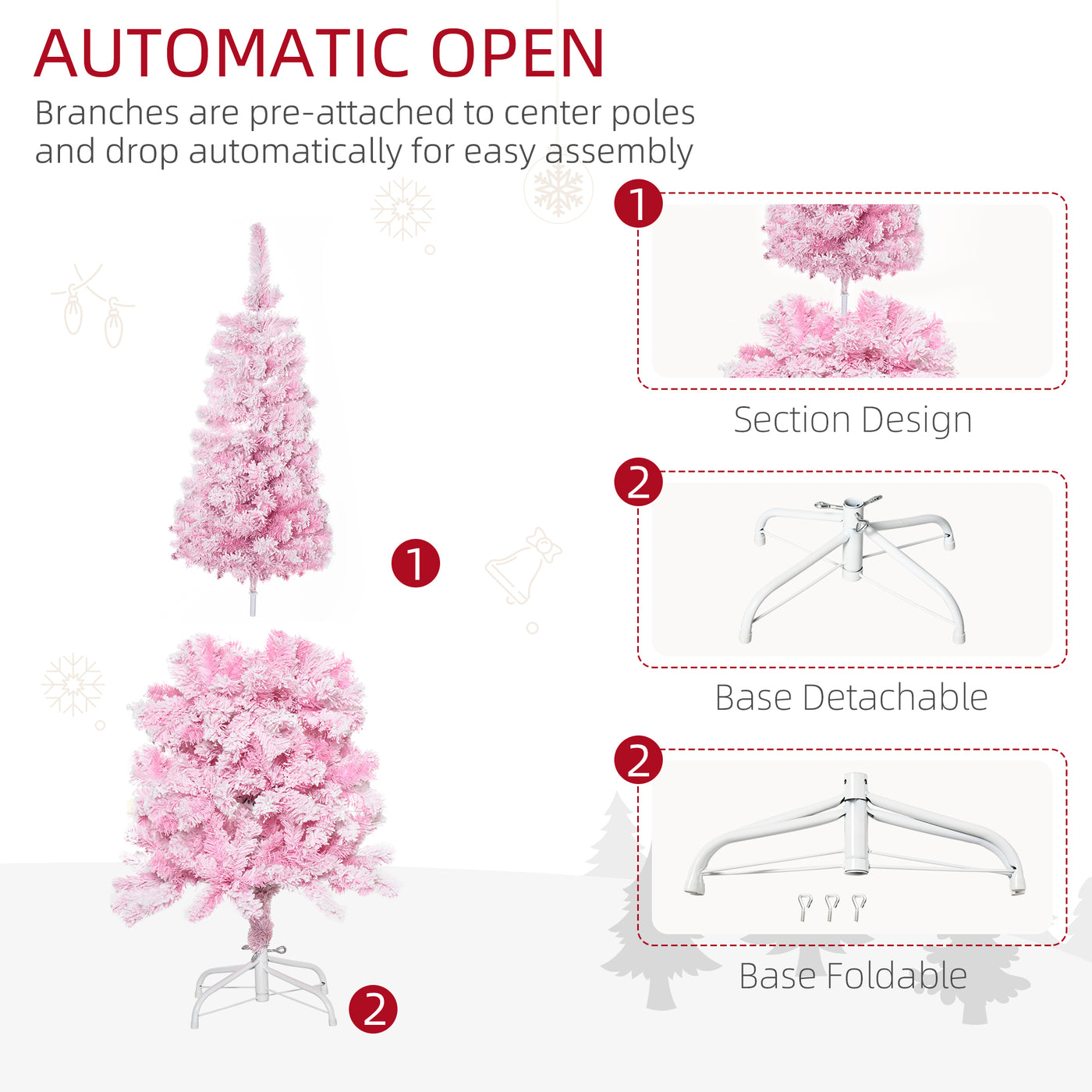 5 FT Snow Flocked Artificial Christmas Tree, Pencil Xmas Tree with Realistic Branches, Auto Open and Steel Base, Pink