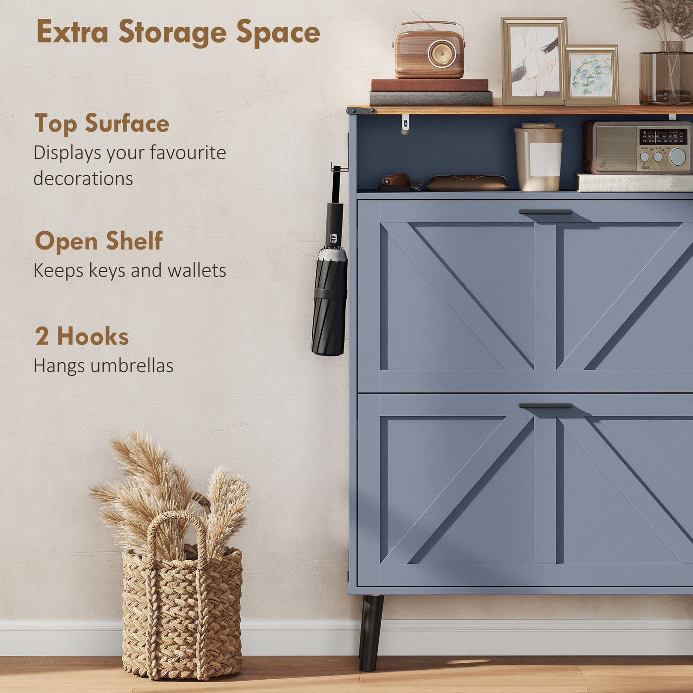 Shoe Storage Cabinet with 2 Flip Drawers, Farmhouse Narrow Shoe Cabinet, Holds Up to 16 Pairs, Blue